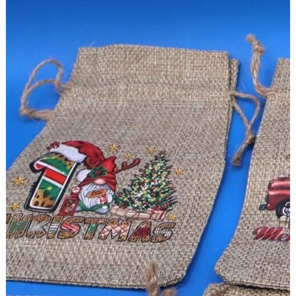 12 Christmas Drawstring Bags 6”x4” Mini Candy Burlap Bags. New